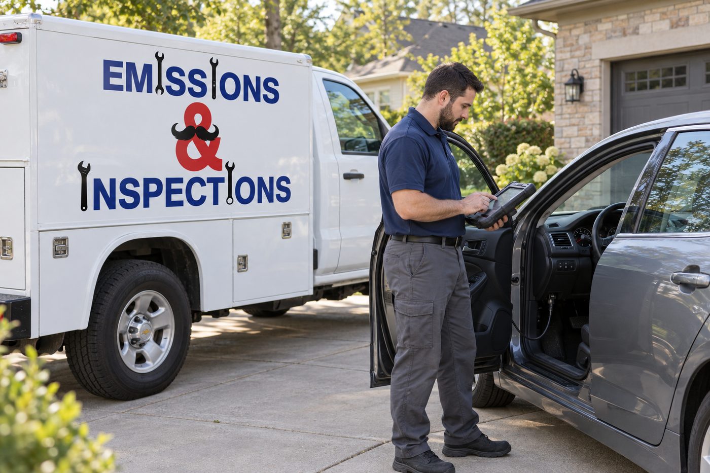 An Emissions & Inspections technician running a mobile emissions test at a customer's home, next to the company service truck.