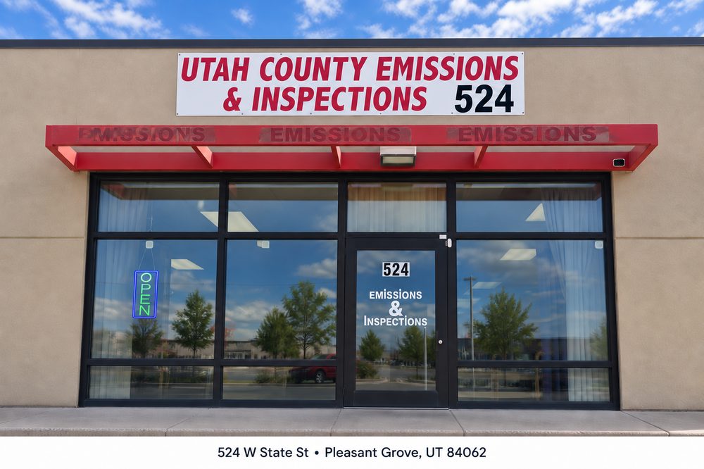 The Emissions & Inspections shop storefront at 524 W State St, Pleasant Grove, UT.